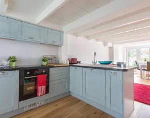 a kitchen with blue cabinets and a red rug at Beehive Cottage in Port Isaac