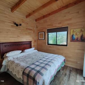 a bedroom with a bed in a wooden cabin at cabaña vista nilahue in Ranco
