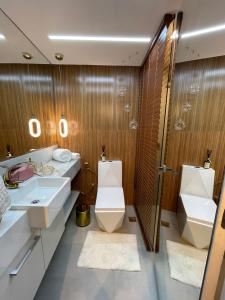 a bathroom with a sink and a toilet and a shower at Flat Moderno e decorado Lapa-RJ in Rio de Janeiro