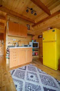 une cuisine avec un réfrigérateur jaune et un tapis de cuisine dans l'établissement Planinska kuća Isiteo, à Kremna