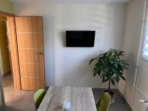 une chambre avec une table en bois et une plante en pot dans l'établissement Suite "Olga 1 ", à Verdun-sur-Meuse