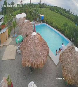 una piscina con sombrillas de paja y gente sentada a su alrededor en Rancho el novato, en Concepción de La Vega