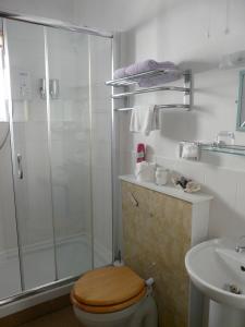 a bathroom with a shower with a toilet and a sink at Melbourne Guest House in Rhyl