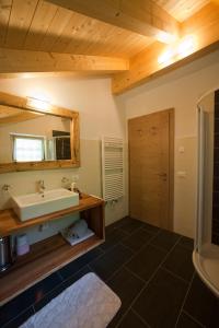 a bathroom with a sink and a mirror at Lüch da Mirió in La Valle