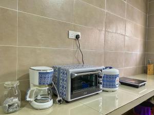 莎阿南的住宿－Setia Alam @ SCCC 3 Storey House，厨房台面上的一个微波炉