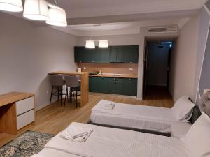 Habitación con 2 camas y cocina con armarios verdes. en H11 Downtown Apartments en Târgu Mureș