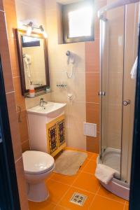 a bathroom with a toilet and a sink and a shower at Pensiunea Luna in Buşteni