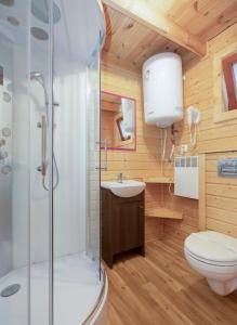 ein Bad mit einer Dusche, einem WC und einem Waschbecken in der Unterkunft Morze Domków Wellness & Spa in Dziwnówek