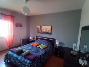 a bedroom with a bed with colorful pillows on it at CASA DIAS in Vila do Bispo