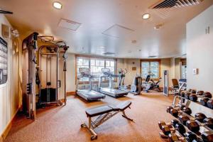 un gimnasio con varias cintas de correr y máquinas en él en Luxury 2 Bedroom Mountain Vacation Rental In Breckenridge With Access To A Hot Tub And Heated Garage Parking, en Breckenridge