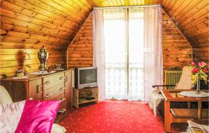 ein Wohnzimmer mit einem TV in einem Holzhaus in der Unterkunft Stunning Home In Sobtka With Kitchen in Sulistrowiczki