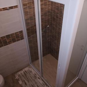 La salle de bains est pourvue d'une douche avec une porte en verre. dans l'établissement Dimora Genovesi, à Catane