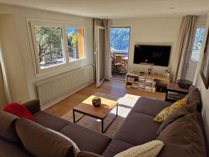 ein Wohnzimmer mit einem Sofa und einem TV in der Unterkunft Chalet Viola - Verena's Loft in Wengen
