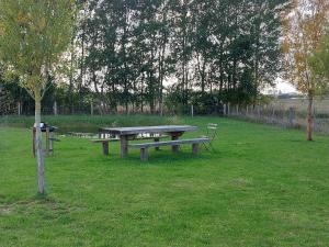 a picnic table in a field with a tree at La Couture du Charme in Saméon