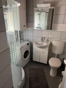 a bathroom with a toilet sink and a washing machine at Ferienwohnung C&C in Trofaiach