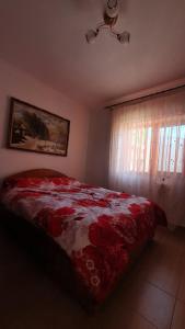 a bedroom with a bed with red sheets and a window at Casa Caraua in Greci