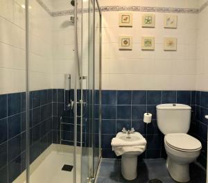 a bathroom with a toilet and a glass shower at Apartamento El Parque in Luarca