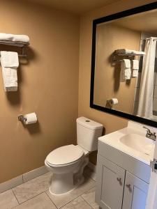 a bathroom with a toilet and a sink and a mirror at Hotel Weston RFD in Rockford