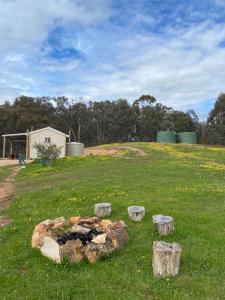 a group of logs in a field with a fire pit at Tiny Home on a Hill in Heathcote