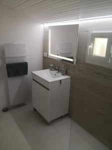 ein Bad mit einem weißen Waschbecken und einem Fenster in der Unterkunft Gîte paisible aux pieds des Alpilles, parking privé in Saint-Rémy-de-Provence