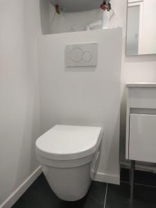 a bathroom with a white toilet with two rings on the wall at Super studio rez de jardin avec extérieur in Lozanne