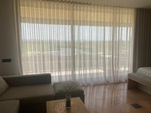 un salon avec un canapé et une grande fenêtre dans l'établissement Moderno apartamento en Empordà Golf, à Gualta 17 autres photos