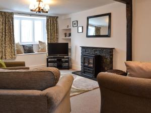 a living room with a fireplace and a television at Riverside Cottage in High Nibthwaite