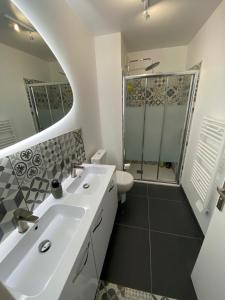 y baño blanco con lavabo y ducha. en appartement hyper centre ville, en Arras