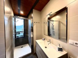 ein Bad mit einem Waschbecken, einer Dusche und einem Spiegel in der Unterkunft Paller de Bordalé in Montardit