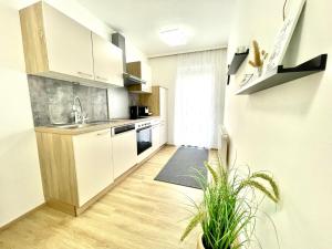 a kitchen with white cabinets and a sink and a plant at Pension Maier in Villach