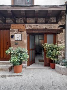 budynek z dwiema doniczkowymi roślinami przed nim w obiekcie APARTAMENTO ESTUDIO AS ANDURIÑAS w mieście San Martín de Trevejo
