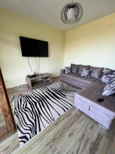 ein Wohnzimmer mit einem Sofa und einem Zebra-Teppich in der Unterkunft Stunning Adriatic Vista Home in Zelenika