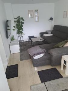 een woonkamer met een bank en een tafel bij FerienhausWeseby in Hürup