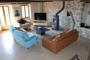 Sala de estar con 2 sofás y TV en Lo Boix Le Mas, en Saint-Laurent-de-Cerdans