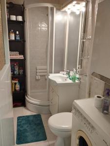 a bathroom with a shower and a toilet and a sink at Apartman F&S - Novo Sarajevo in Sarajevo