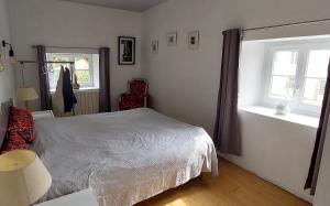a bedroom with a bed and two windows at La Ginelle - Appartement Savane in Airoux +8 photos