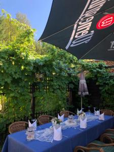 a table with a blue table cloth and an umbrella at Frühstücks Pension Zum Postillion in Klingenthal