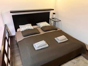 a bedroom with a large bed with two towels on it at Goldcentral Apartment Akacfa in Budapest