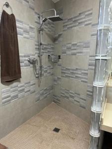 a bathroom with a shower with a towel on the wall at VILLA RURAL con amplia piscina in Campillo de Altobuey