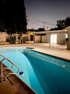 una piscina de agua azul en un patio en Cheers Hostel en Los Ángeles