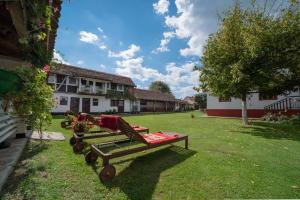 a yard with two benches in front of a building at Domacinstvo Cikic Zasavica in Zasavica