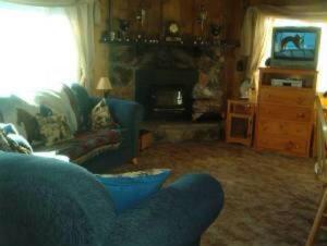 Una sala de estar con un sofá azul y un televisor. en BEAR CABIN GETAWAY!!!(SPA) Pet Friendly Backyard, en Big Bear City