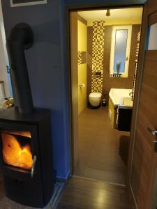 a bathroom with a wood burning stove in a bathroom at DOMAGAŁA Domek z kominkiem in Łagów
