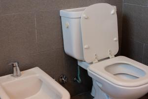 La salle de bains est pourvue de toilettes blanches et d'un lavabo. dans l'établissement Departamento céntrico con parking subterráneo, à Junín