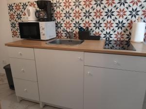 a kitchen counter with a microwave and a sink at San Amador in Martos