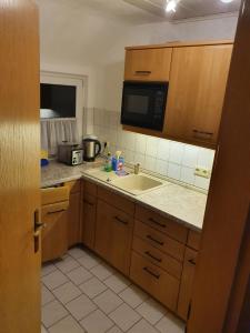 a kitchen with a sink and a microwave at Ferienhaus am Rennsteig-Pension zur Wetterwarte in Brotterode