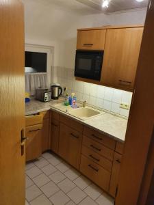a kitchen with a sink and a microwave at Ferienhaus am Rennsteig-Pension zur Wetterwarte in Brotterode-Trusetal