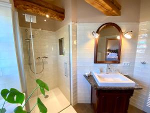 a bathroom with a sink and a shower at Villa B das zauberhafte Chalet in Vetschau