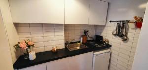 a small kitchen with a sink and white cabinets at Downtown Studio in Bucharest