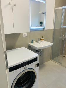 a bathroom with a washing machine and a sink at Luxury Prince in Câmpulung Moldovenesc